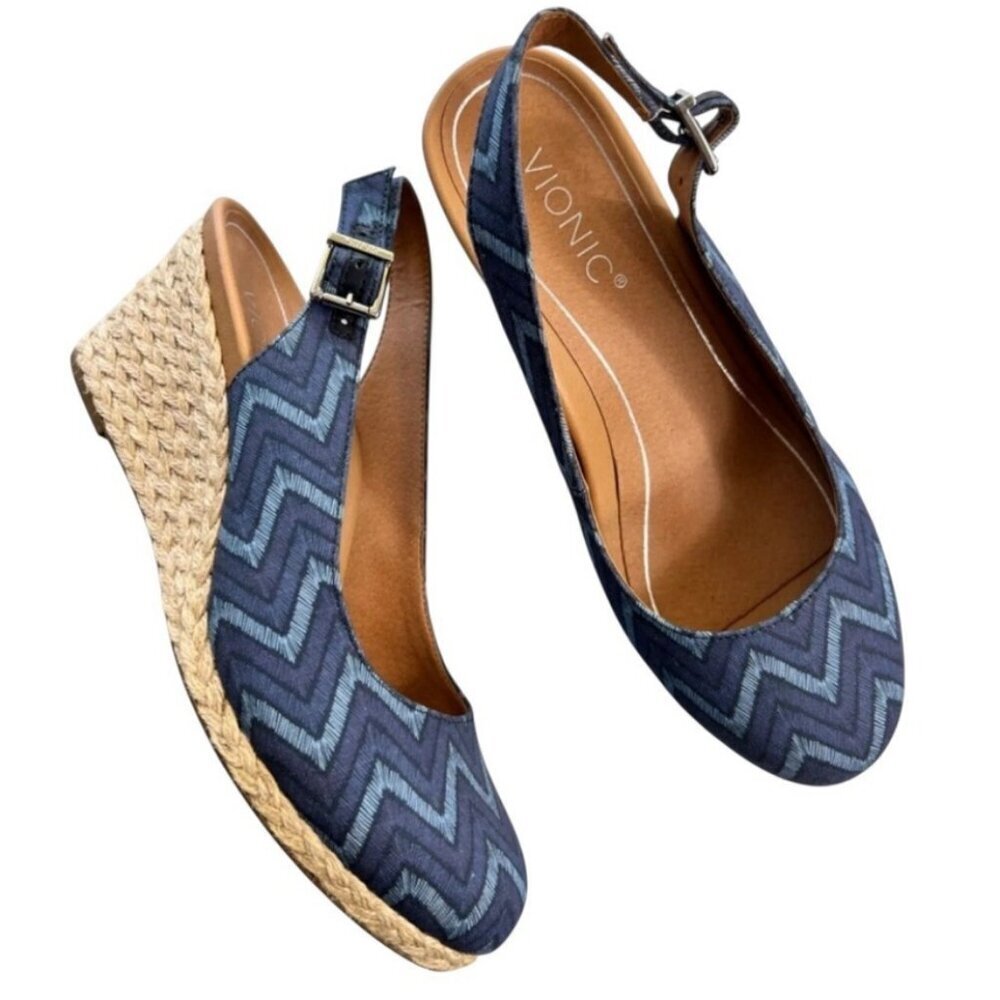 Vionic SZ 9.5 Coralina Navy Chevron Slingback Wedges Espadrille Office Resort